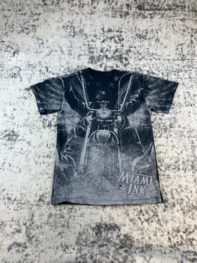 Vintage Miami Ink T-Shirt Mens S Black All Over Print Biker Skull Motorcycle Tee